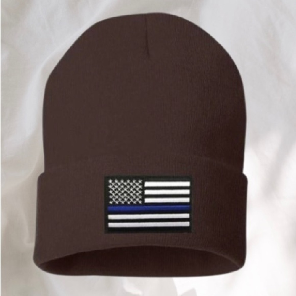 Thin Blue Line Embroidered Flag Brown Beanie